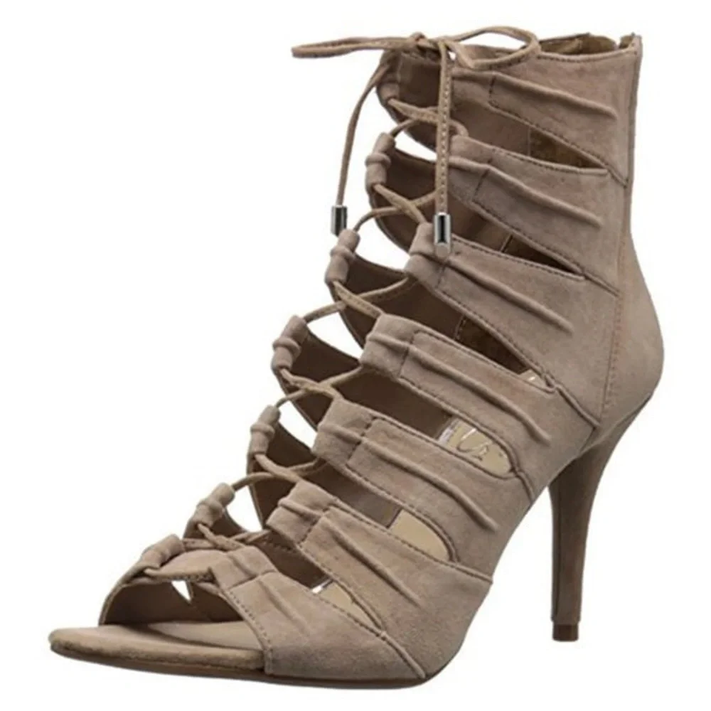 Jessica Simpson Suede JS‎ Mahiri Women's Lace-Up Tan Heeled Sandals.New Peep Toe